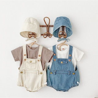 嬰兒包屁衣連體衣男女寶寶軟牛仔麵料復古工裝背帶褲+帽子洋氣新生嬰兒衣服0-24個月