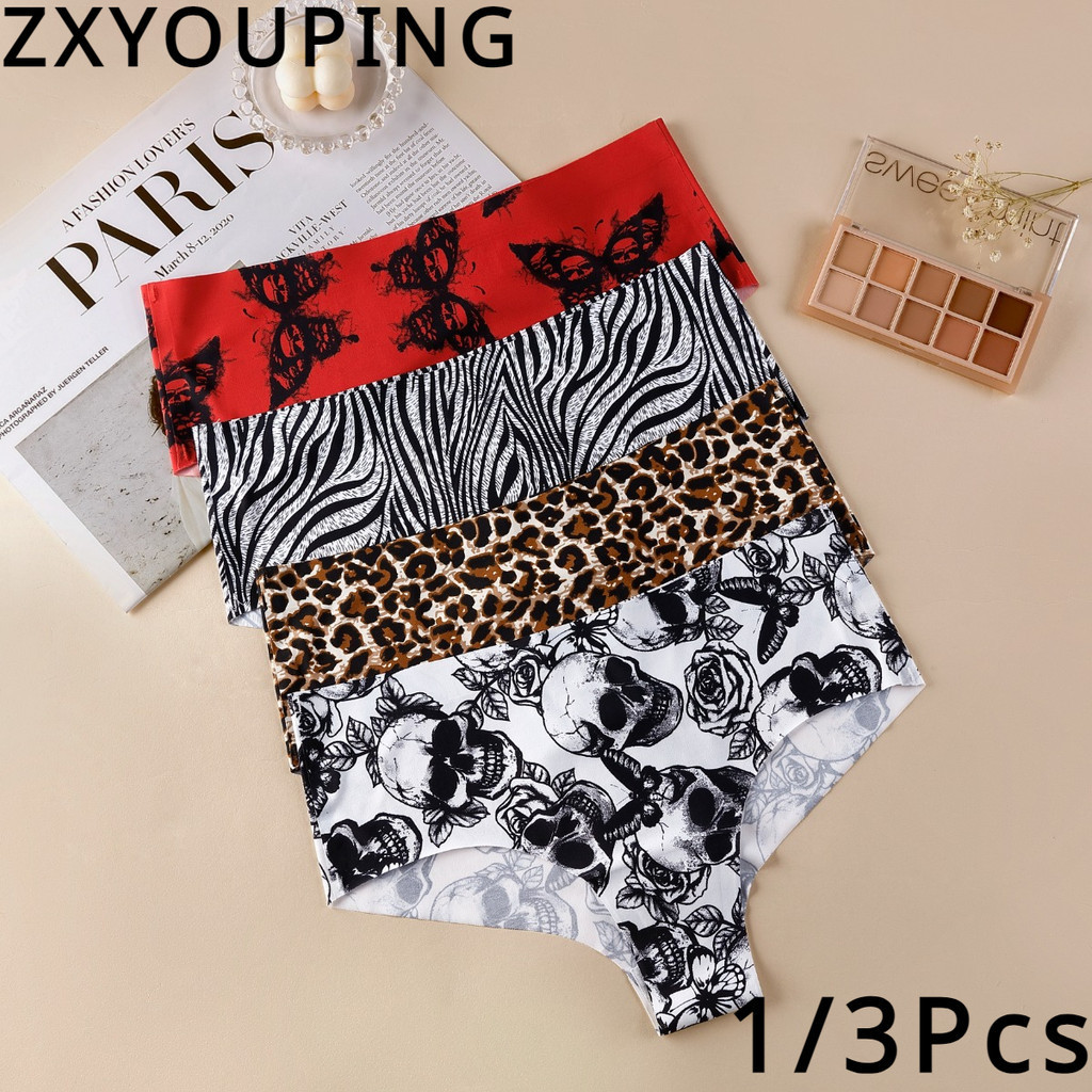 Zxyouping 1/3 件無縫內褲加大碼女式內褲冰絲中腰豹紋健身運動 M-XL