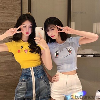 臺灣出貨- 皮卡丘甜辣顯胸短袖T恤女網紅ins少女卡通短款露臍緊身上衣閨蜜裝