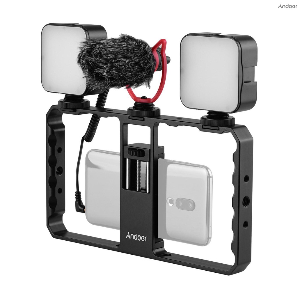 SAMSUNG Phone Rig Andoer 智能手機視頻裝備手柄帶 Rig 雙 LED 燈麥克風,帶防震支架,用於
