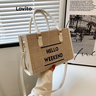 Lovito 休閒草編時尚字母方形手提包耐磨大容量日常通勤單肩托特包女士 LFA67014