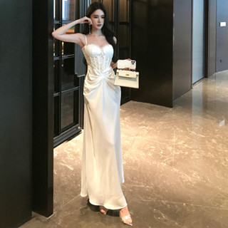 現貨春裝氣質法式名媛蕾絲拼接魚骨吊帶連衣裙禮服裙
