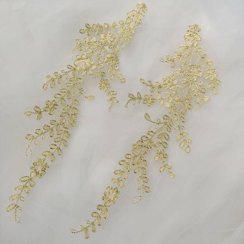 金色車骨葉子繡花蕾絲股線對花 旗袍頭飾舞蹈表演服裝輔料一對價