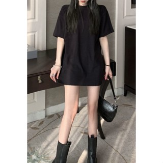 100%純棉短袖黑色t恤女韓版上衣寬鬆素色圓領顯瘦中長款4.15