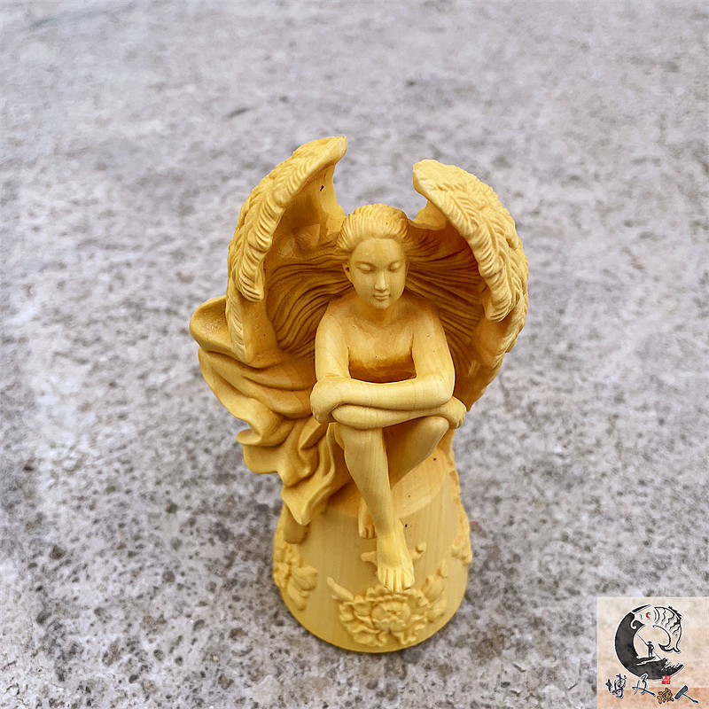 大葉黃楊木雕美女天使擺件丘比特愛情守護神辦公室家居裝飾工藝品