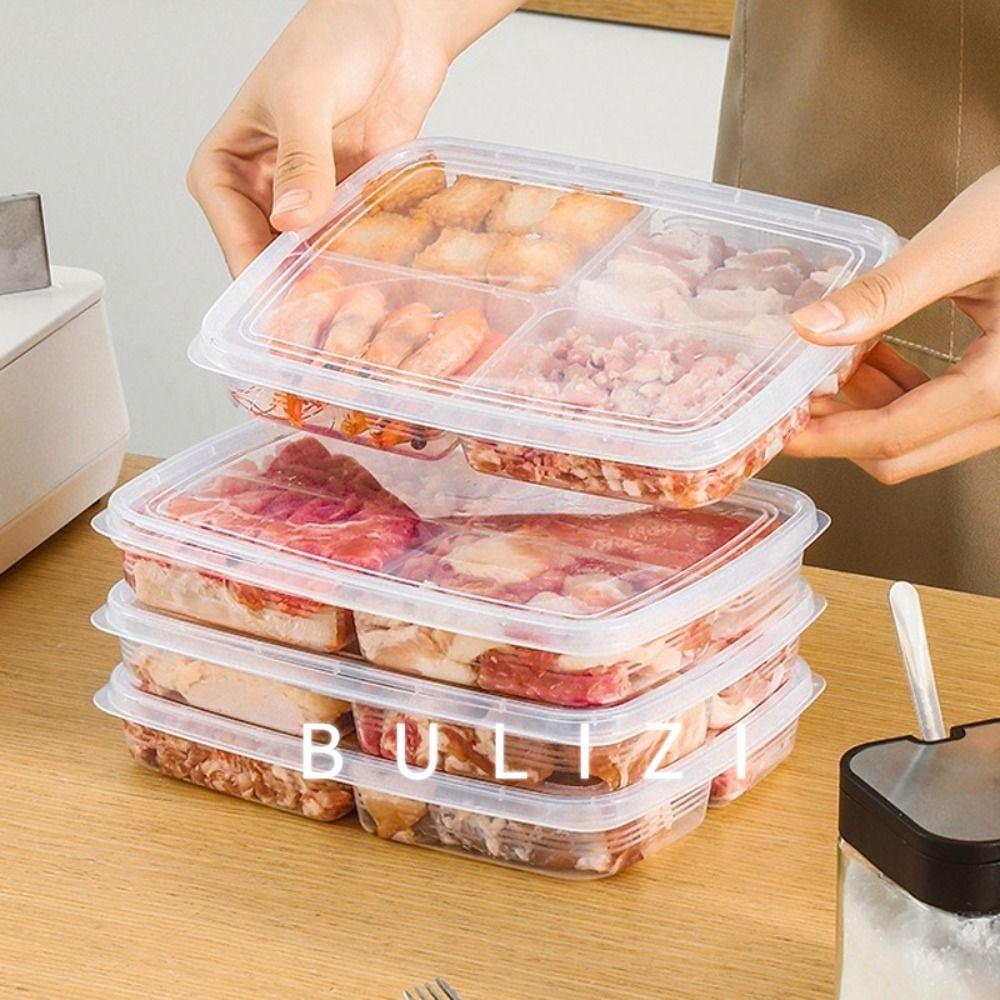 BULIZI冰箱食物儲存保鮮盒,Fooding排序冷凍肉冷凍儲物盒,透明果蔬保鮮4網格密封分裝箱
