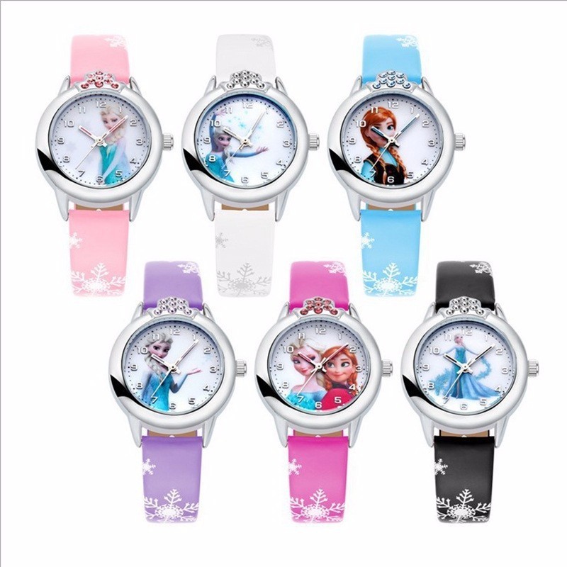 可愛冰雪奇緣兒童卡通手錶男女小學生手錶小錶盤休閒皮帶石英錶