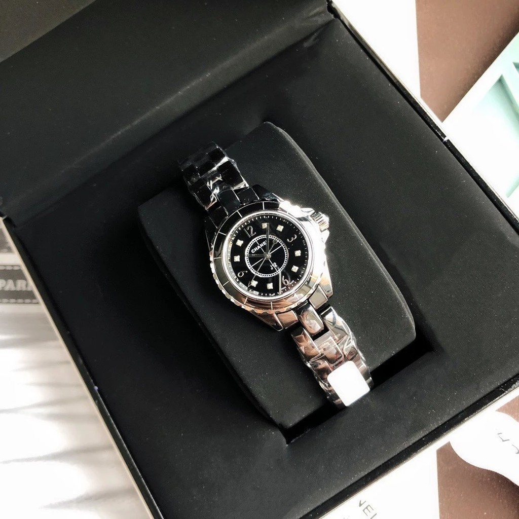 女表J12系列H2569瑞士進口石英機芯手錶 黑色精密陶瓷 真鑽時標刻度腕錶29毫米