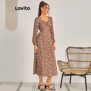 Lovito 女款休閒 花卉結構線條前開衩洋裝 LBL11141