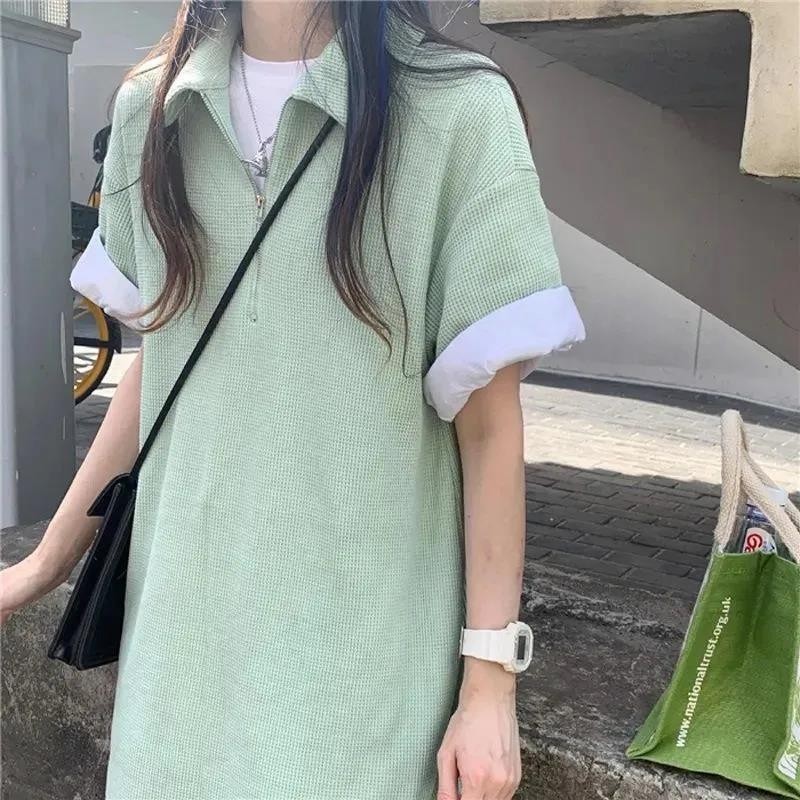 日系寬鬆連身裙設計感小眾華夫格少女薄荷綠直筒裙polo領減齡裙子