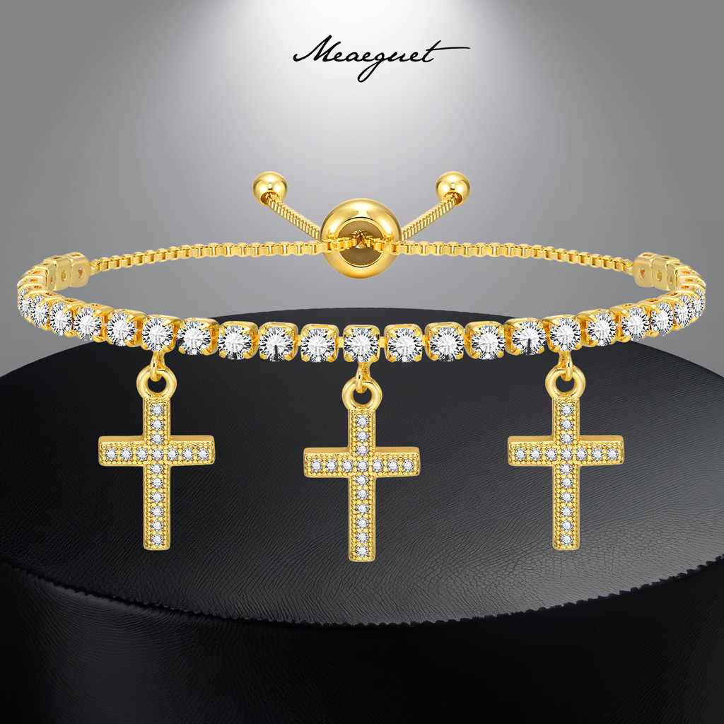 Meaeguet 女士十字架手鍊,14K 鍍金鑽石手鍊精緻魅力手鍊首飾