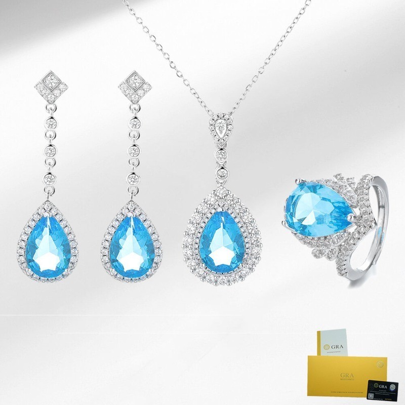 【附證書】時尚氣質海藍寶石彩色寶石莫桑石鑲嵌戒指項鍊耳墜女士首飾
