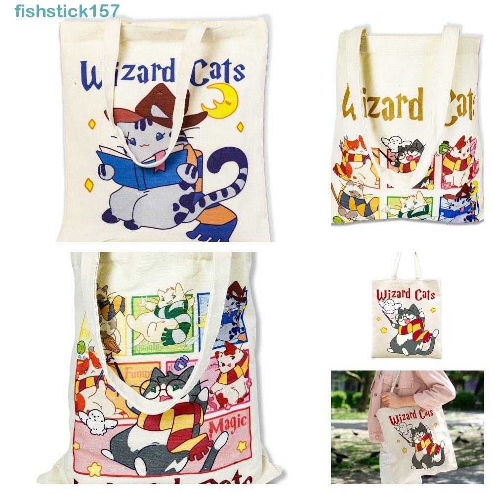 157FISHSTICK卡通單肩包,韓版風格貓圖案帆布手提包,雙面打印頂部手柄大容量可愛托特包孩子