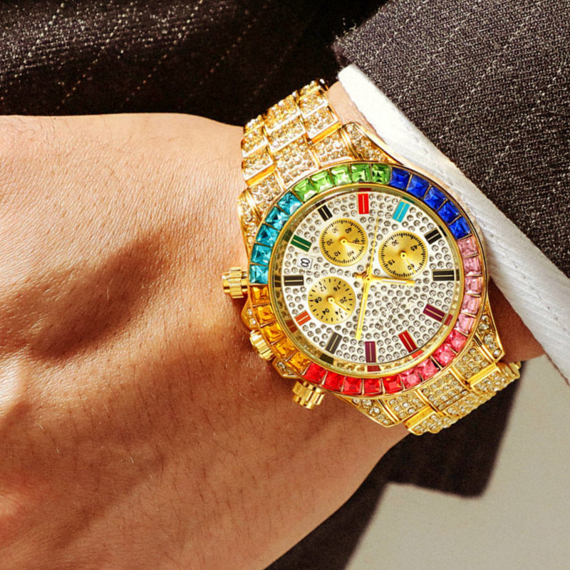 Pintime全自動日曆手錶時尚彩虹鑽石滿天星鋼帶男士手錶非機械古巴手鍊手錶彩鑽嘻哈手錶