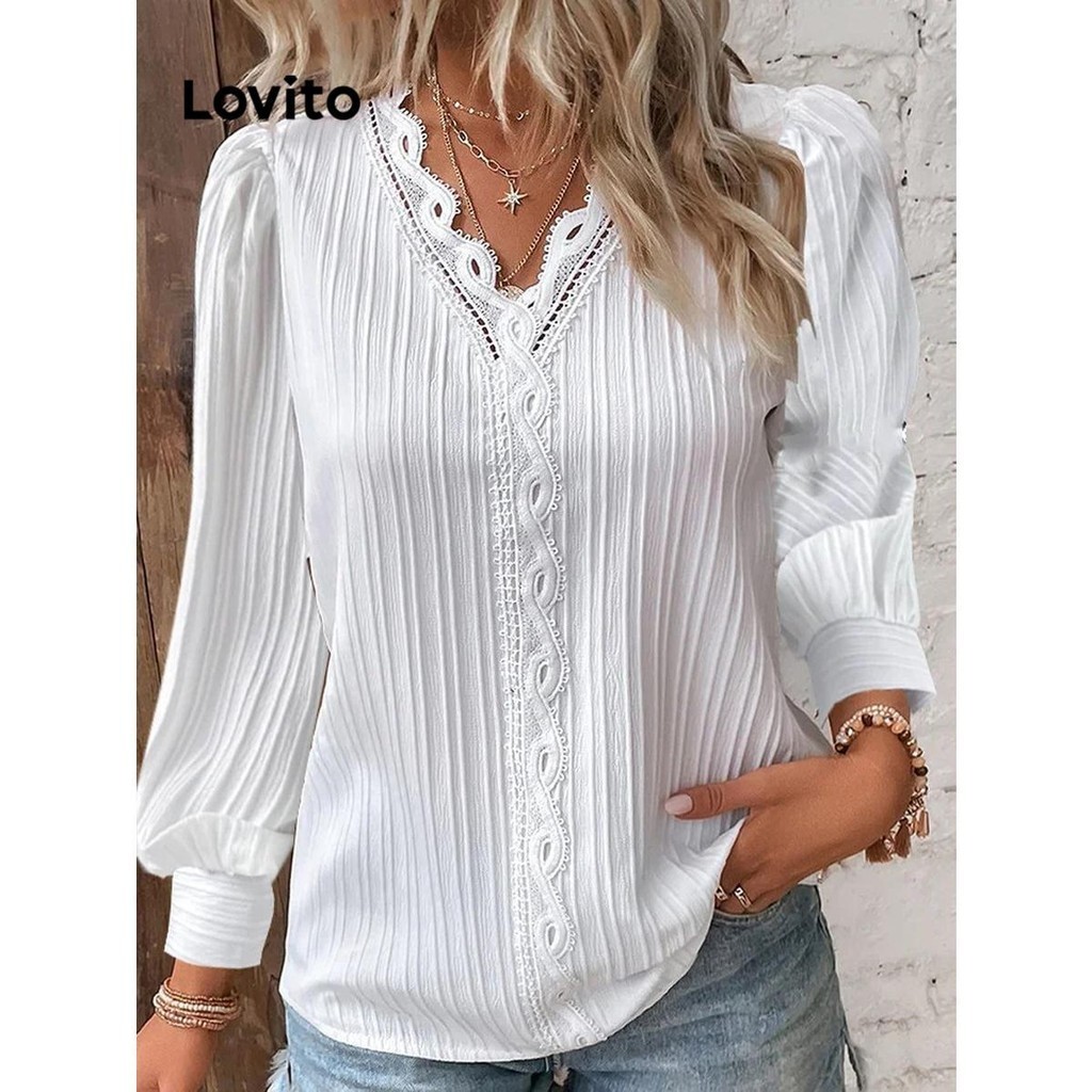 Lovito 女款休閒素色蕾絲襯衫 LNL51014