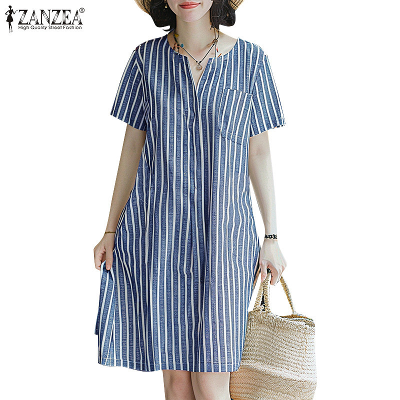 Zanzea 女式韓版休閒 V 領短袖寬鬆條紋連衣裙