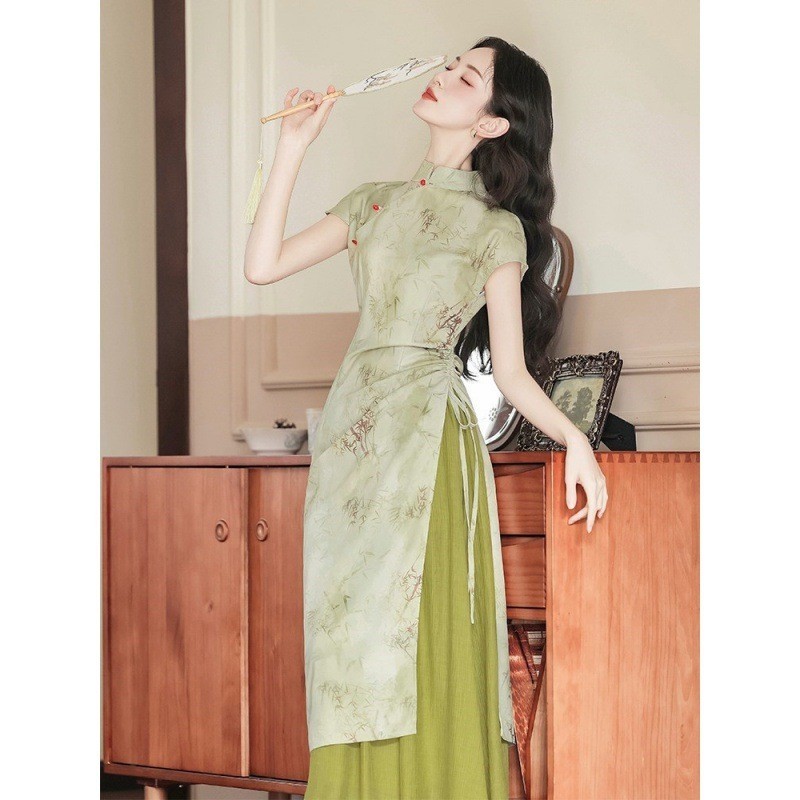 綠色旗袍日常可穿水墨洋裝