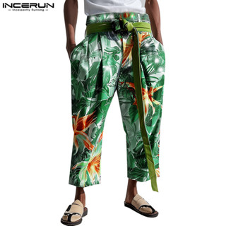 Incerun 男士韓版時尚碎花葉子印花闊腿寬鬆長褲