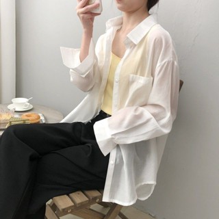 衣時尚上衣 防曬衣 空調衫 薄外套 長袖襯衫 S-2XL 新款天絲防曬襯衫女設計感小眾寬鬆外穿薄款襯衣防曬衣-1348.