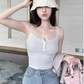 【HOT 本舖】 甜辣小心機蕾絲吊帶女春夏小眾紐扣修身美背純欲無袖上衣茶系背心