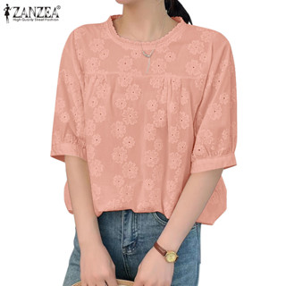 zanzea 女式韓版休閒圓領短袖刺繡寬鬆上衣