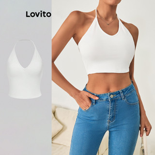 Lovito 女款休閒素色基本款彈性腰細肩帶背心上衣 LBL09009