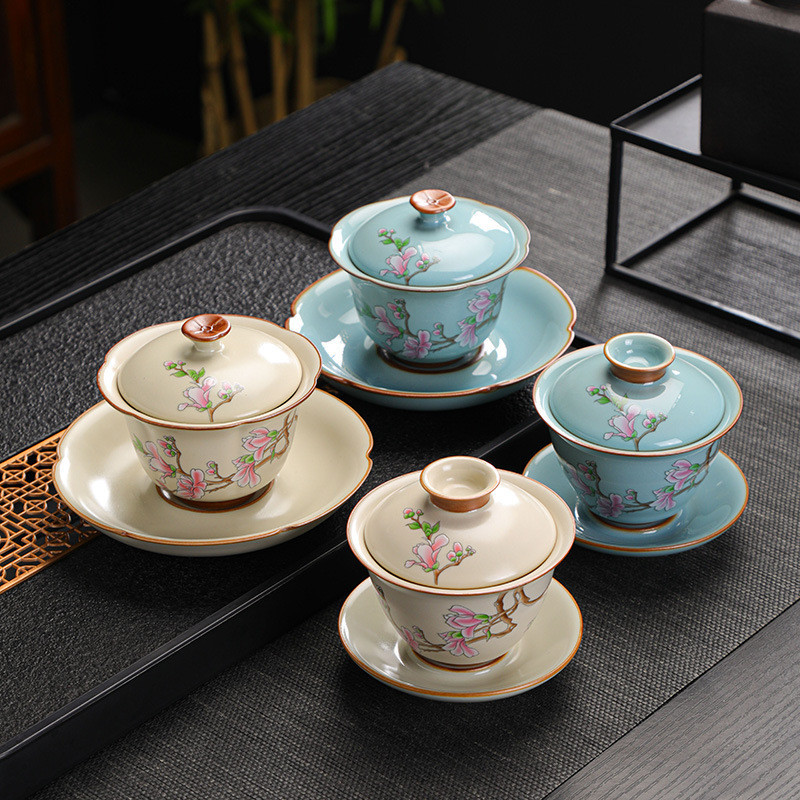 米白汝窯三才蓋碗家用中式高檔陶瓷泡茶蓋碗單個開片可養茶具茶碗