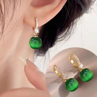 綠色精緻圓球耳環 簡約設計感 貓眼石氣質新款