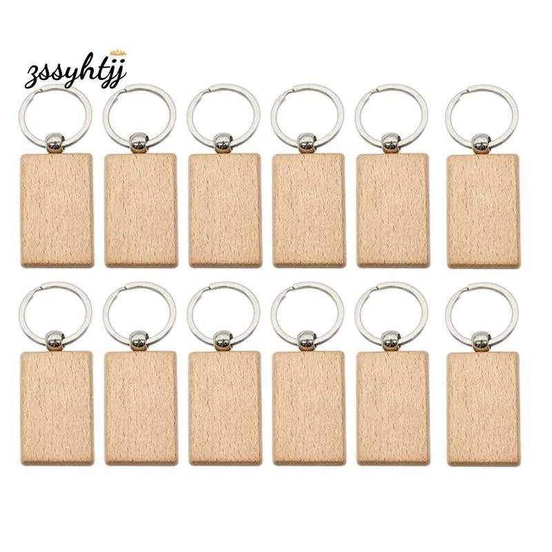 【zssyhtjjj】12 件空白木製鑰匙鏈矩形鑰匙鏈標籤木製鑰匙扣鑰匙圈 DIY 工藝