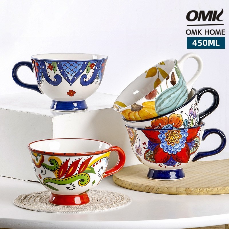 Omk美式手繪500ml早餐杯套裝早餐燕麥杯早餐杯馬克杯麥片杯早餐咖啡杯套裝現代陶瓷杯禮品套裝