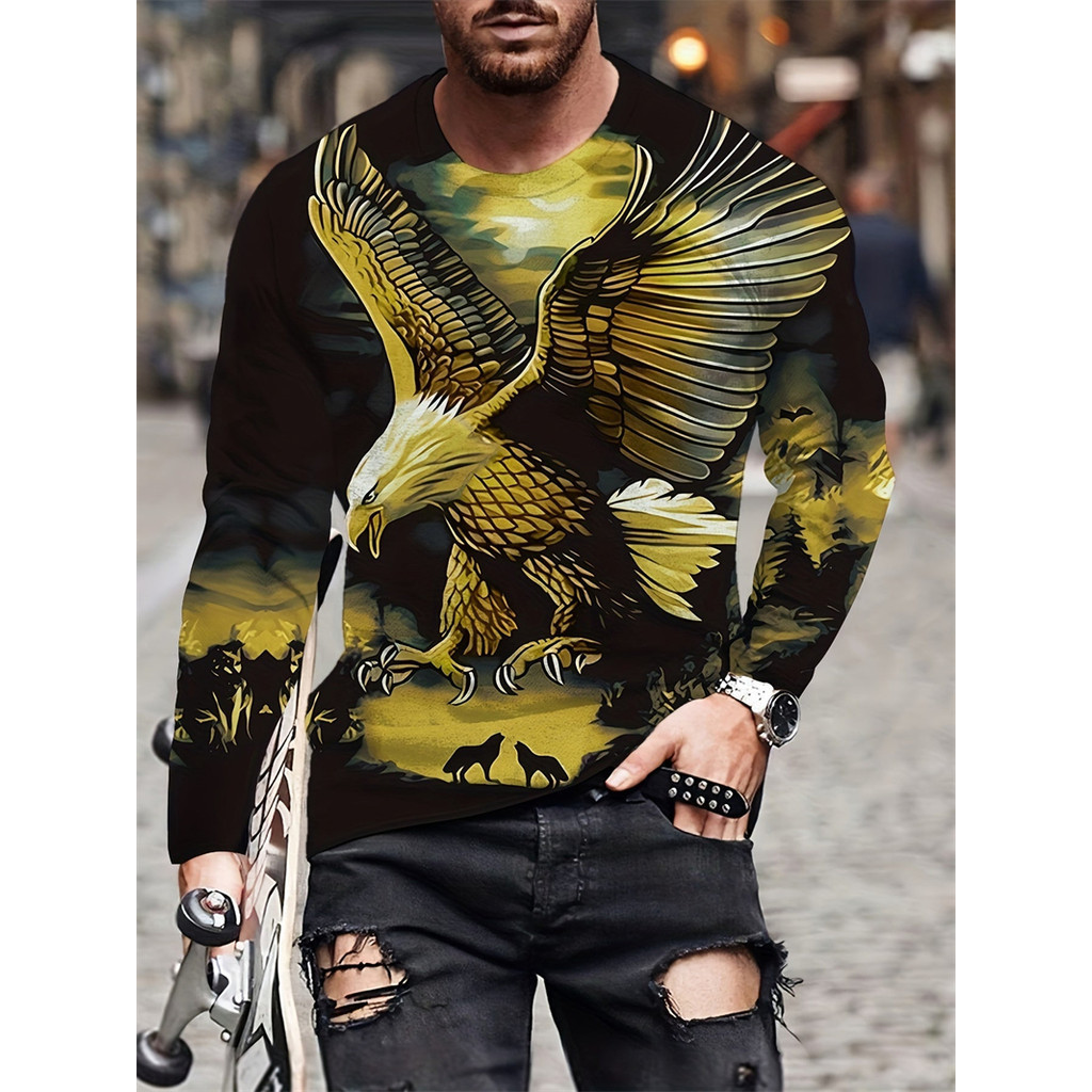 男士 Eagle 手繪圖案休閒 T 恤長袖街頭服飾 3D 動物印花嘻哈男上衣 T 恤加大碼 4XL