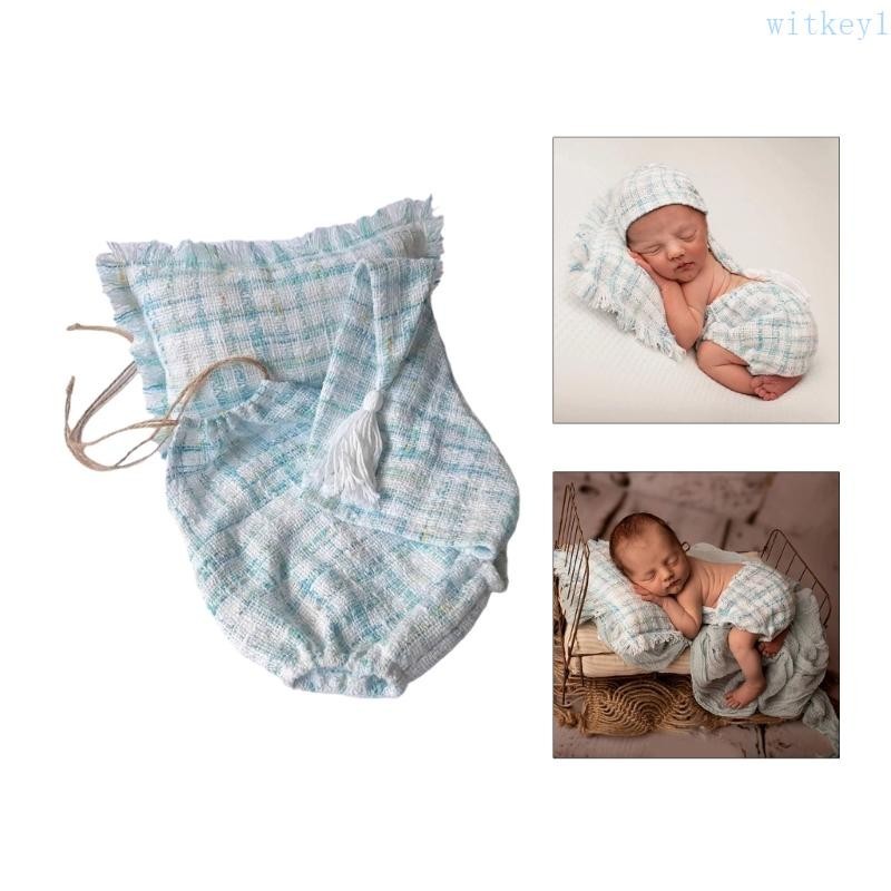 Wit 嬰兒照片服裝三角連身衣頭巾帽子擺枕道具新生兒生日派對拍照服裝淋浴