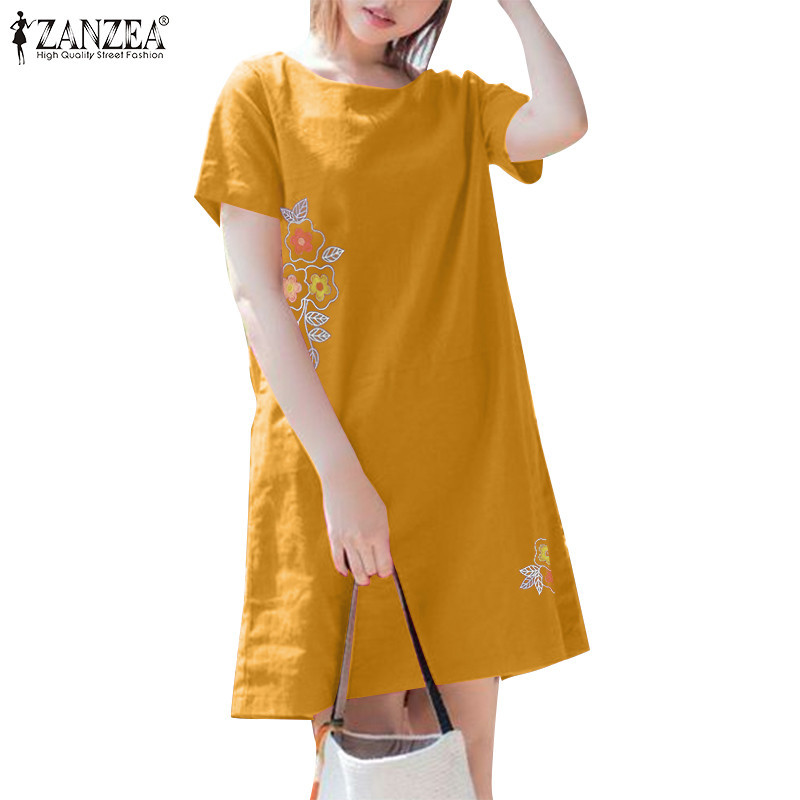 Zanzea 女式複古度假休閒短袖刺繡連衣裙