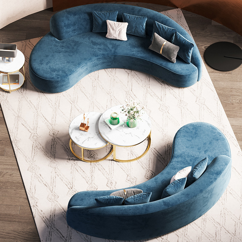 北歐輕奢布藝圓弧形設計沙發簡約現代小戶型客廳多人異形藍色沙發