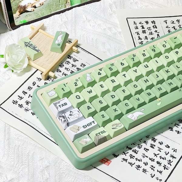 貓貓竹主題鍵帽可愛卡通綠色原廠高度PBT熱昇華機械鍵盤hi75 vgn