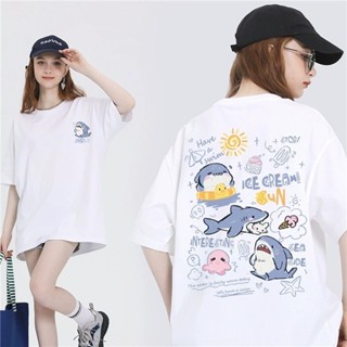 可愛卡通鯊魚印花手繪短袖女圓領t恤寬鬆夏季時尚instagram情侶上衣