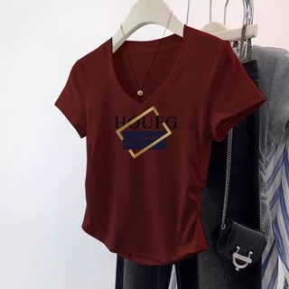 衣時尚 短袖T卹 大碼上衣 印花T卹 字母上衣 中大碼S-2XL新款v領短款短袖t卹女小個子設計感顯瘦褶皺上衣-455.