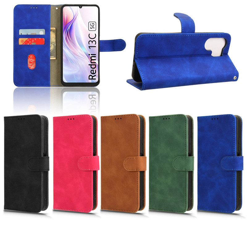 適用小米 Redmi 紅米13C 4G/5G手機套保護殼磁扣翻蓋多卡糟膚感牛皮紋簡約復古皮套素面色書本式防摔手機殼