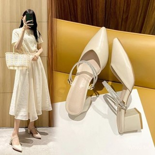 新品[5330人收藏]2025夏新款尖頭兩穿水鑽涼鞋配裙子粗跟女鞋法式中跟包頭穆勒拖鞋