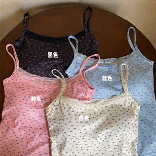 吊帶女生 帶胸墊 背心 複古碎花 內搭上衣 性感蕾絲花邊 彈力細肩帶 吸濕透氣 高彈不勒