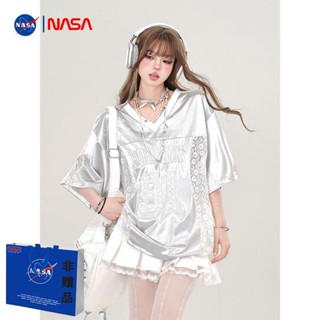 店家推薦 【V領設計】NASA聯名夏季甜妹亮面運動風球衣女韓系寬鬆蕾絲拼接V領短袖T恤 韓版 顯瘦 小香風 時尚 ins