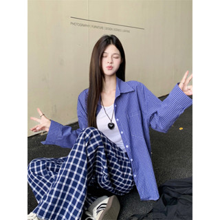 【HOT 本舖】 實拍 美式復古藍色格子襯衫春季慵懶風女寬鬆襯衣外套長袖上衣