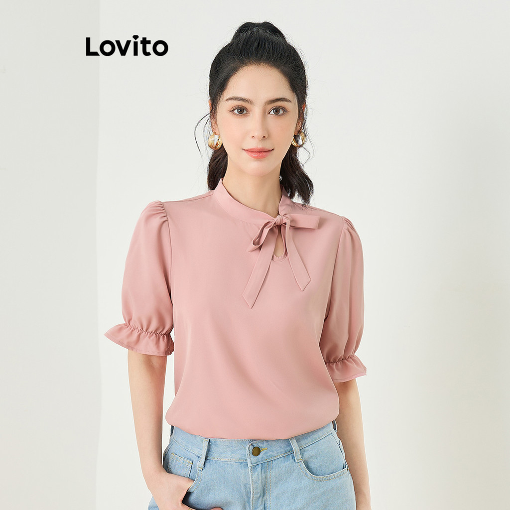 Lovito 女款優雅素色抽繩泡泡袖襯衫 L83ED015