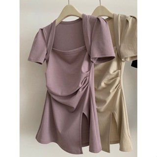 純棉大尺碼100kg女裝|方領短袖t恤女|胖mm夏季上衣|法式純欲風開叉T恤|設計感上衣|顯瘦別致上衣|ins潮上衣