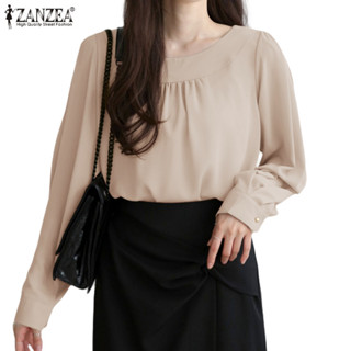 Zanzea 女式韓版時尚長袖圓領鈕扣袖口襯衫