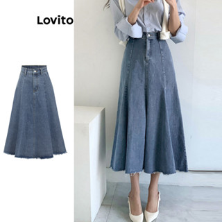 Lovito 學院 女式素色假口袋褶襉牛仔裙 L86ED082