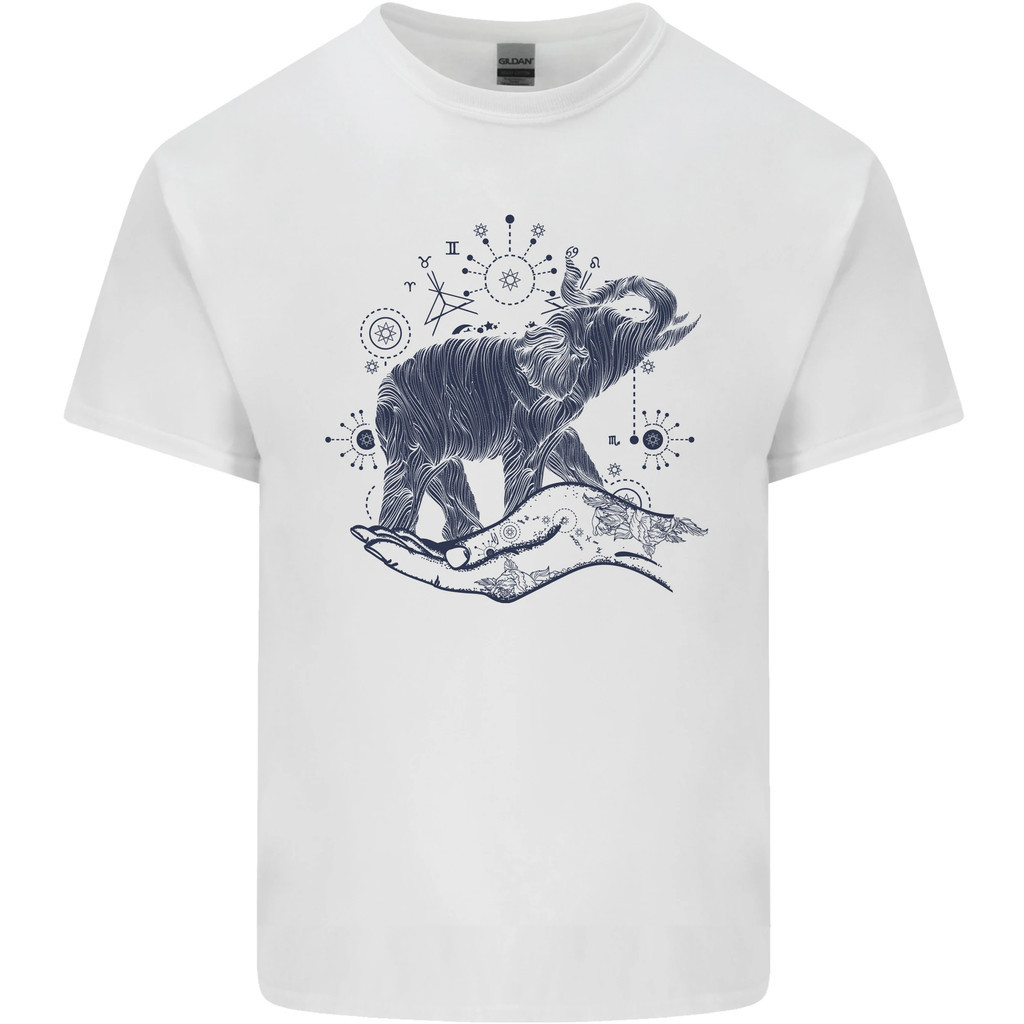 神聖風格大象冥想紋身藝術男士棉 T 恤