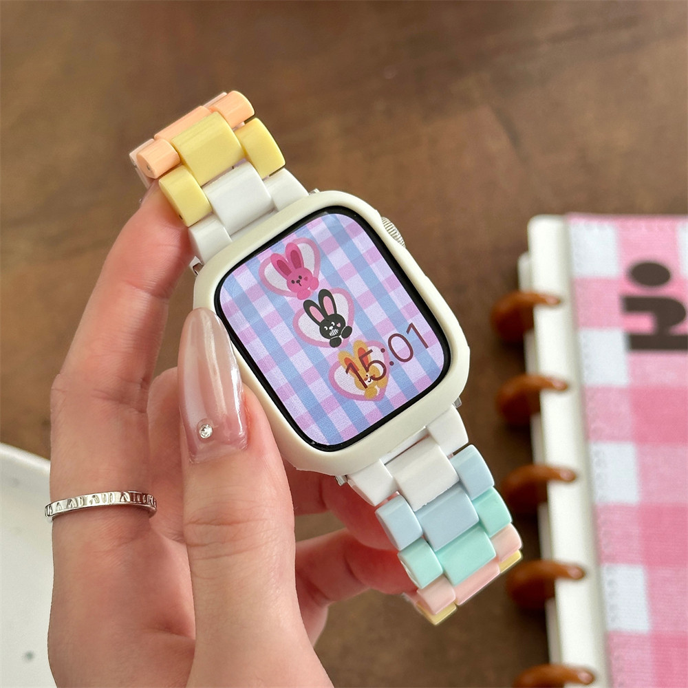 春季彩虹糖果樹脂錶帶 + 錶殼女士錶帶手鍊兼容 Apple Watch Ultra 2 49 毫米 7 8 9 41 4