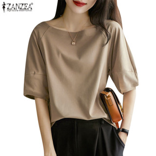 Zanzea 女式韓版休閒純色寬鬆船領半袖襯衫