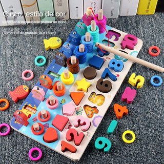 3-6歲兒童玩具，木製數字形狀配對數板，五合一磁性釣魚玩具，益智早教拼圖積木